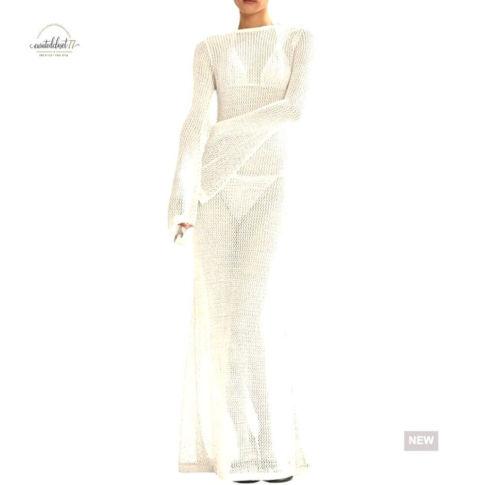 Crochet Maxi Coverup Dress Long Sleeve Backless Beach Swimsuit